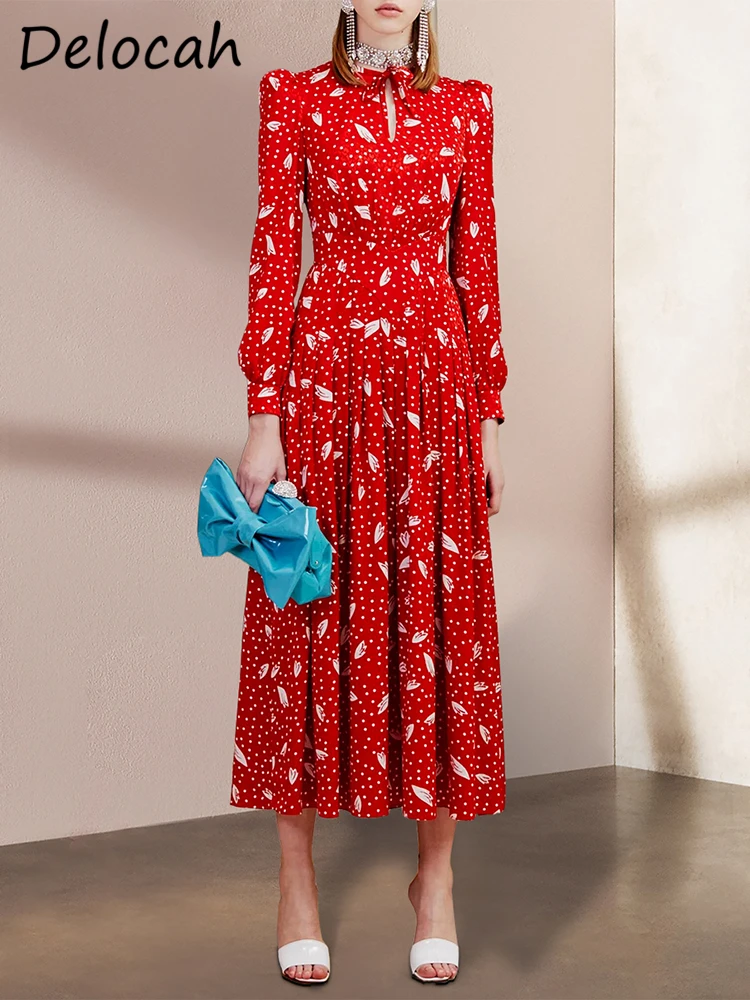 

Delocah High Quality Summer Women Fashion Designer Red Dress Lantern Sleeve Polka Dot Print Big Swing Holiday A-Line Dresses