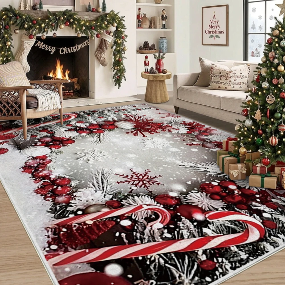 1pc Christmas Candy Wreath Snowflake Red Grape Pattern Area Rug, 2D Flat Retro Design, Ultra‑Soft Short‑Pile, Festive Home Decor