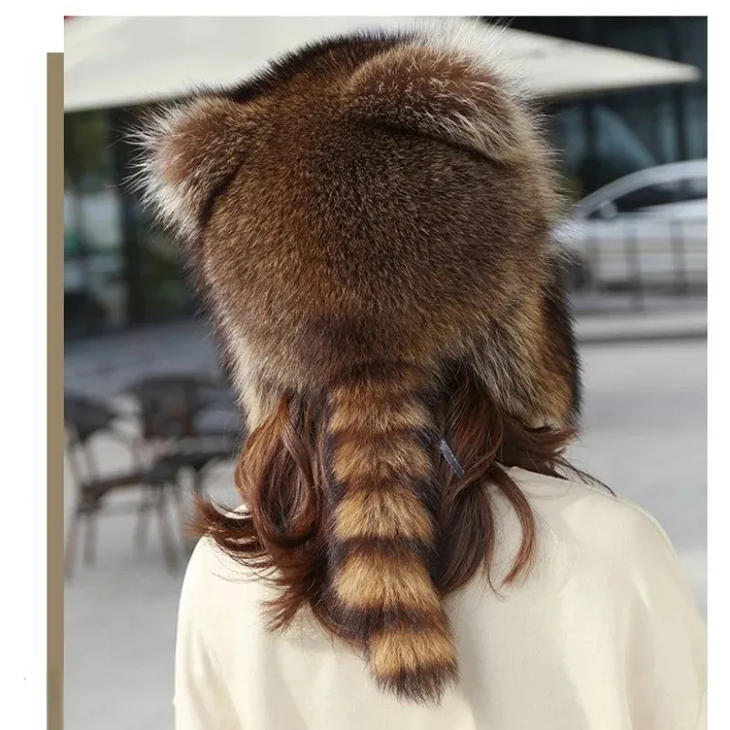 For Winter Caps Hats Thick Warm Ears Fashion Pompom Pom Pom Hat Trend Raccoon Fur Cap Tail Women Natural Raccoon Fur