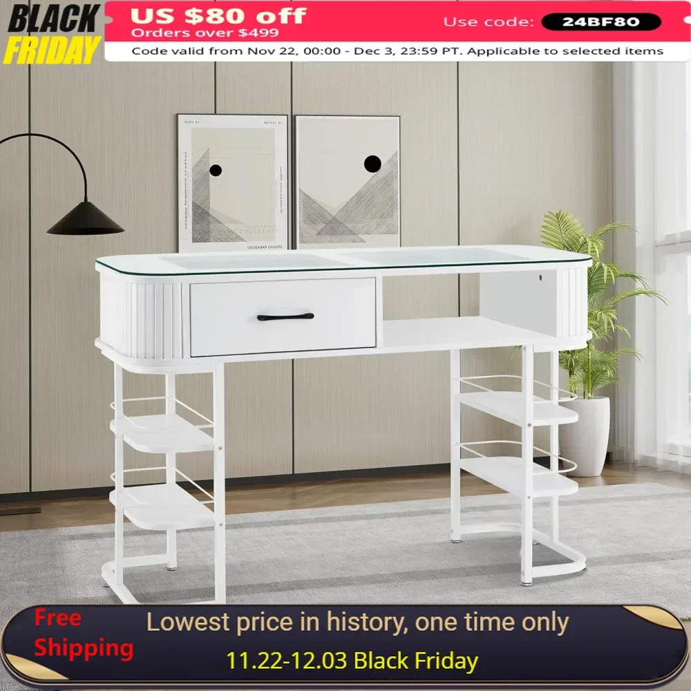 Manicure Table, Acetone-Resistant Nail Tech Desk with Glass Top, Beauty Stylist Equipment with Storage Shelves, Manicure Table