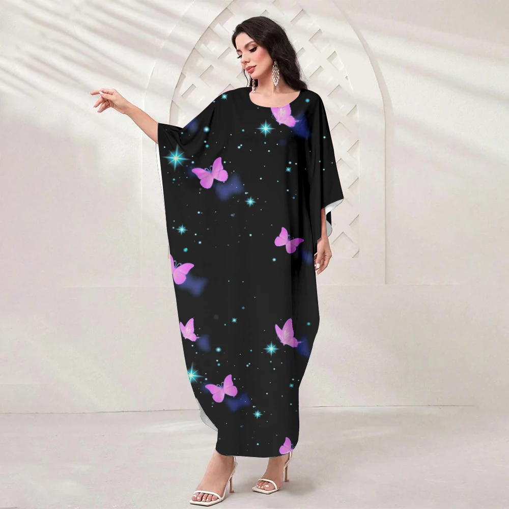 Gold Butterfly Sexy O Neck Batwing Sleeve Long Gown Dress 2024 Summer Classic Casual Dresses Women's Elegant Muslim Dresses