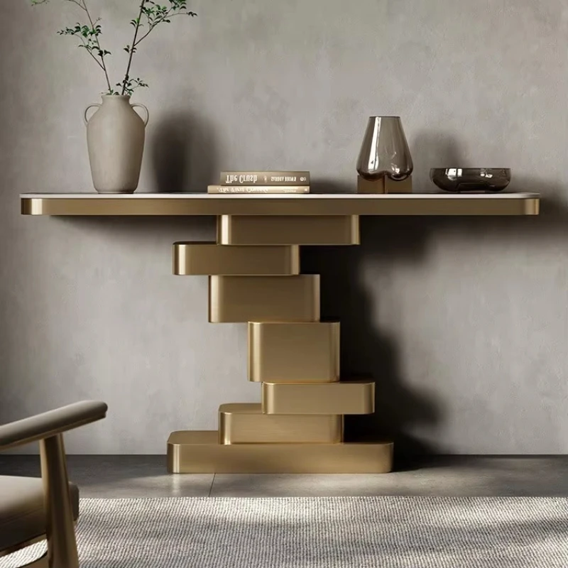 Luxury Titanium Gold Console Table, Sintered Stone Top Entryway Accent Table, Art Stacked Design Hallway Home Furniture