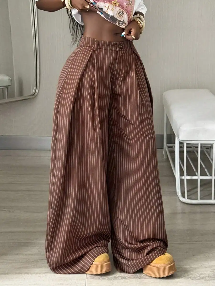 

Женские широкие брюки в полоску с высокой талией, плиссированные, с изогнутым низом