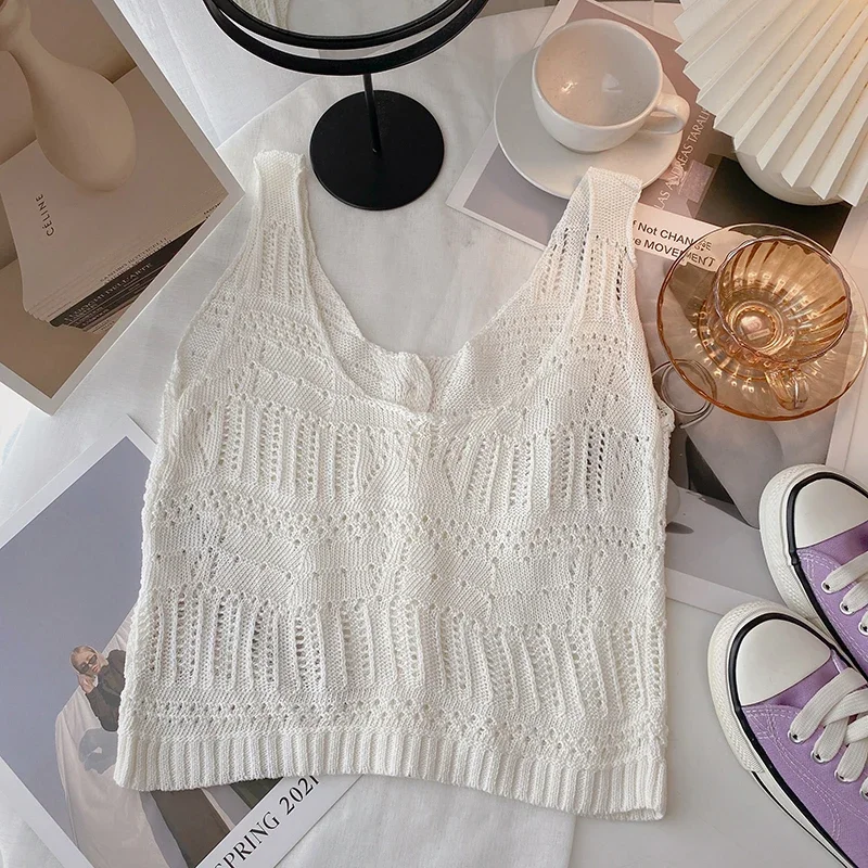 Women Hollow Out O-neck Sleeveless Vintage Knit Tank Tops Summer Outer Wear Single-breasted Cardigan Casual Solid Slim Crop Tops