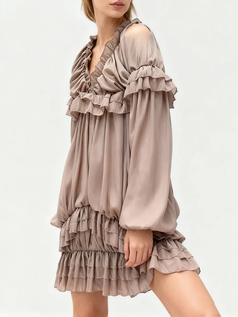 TWOTWINSTYLE الصلبة فضفاض تقسم الكشكشة طيات فساتين غير رسمية للنساء الخامس الرقبة طويلة الأكمام فساتين راقية الملابس النسائية جديد