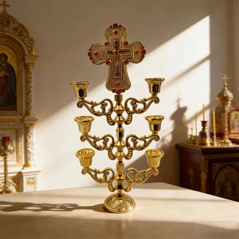 

Gold Plated Orthodox Six Branch Candelabra with Cross and Red Gems for Church Liturgy Home Altar Prayer Devotion Christian Gift