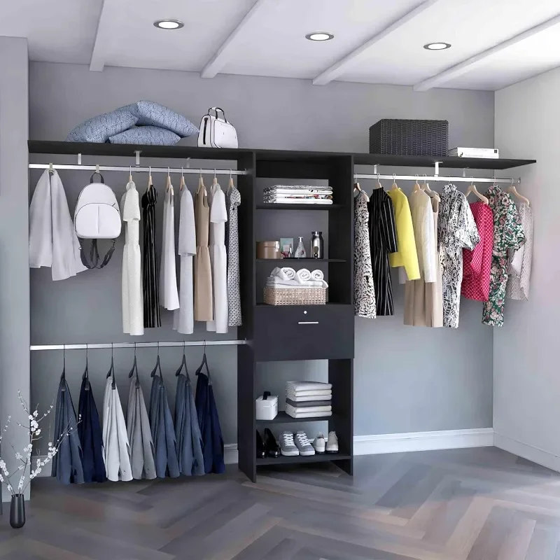 System 70" W-118 W, 6FT Walk in Closet 5 Shelving Towers/1 Storage Lockable Drawers,Heavy Duty Bedroom Wall Mounted