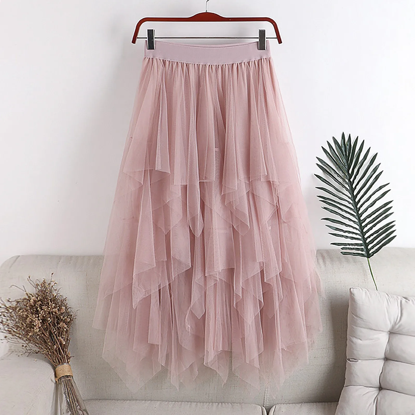 

2024 Irregular Tulle Mesh Skirt Solid Color Elastic High Waist Ruffle Summer Aesthetic Midi Skirts A-line Wedding Party Faldas