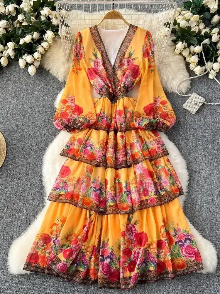 Women Long Lantern Sleeve V Neck Floral Print Beach Boho Chiffon Long Dress 2025 Summer Bohemain Cascading Ruffles Robe Vestidos