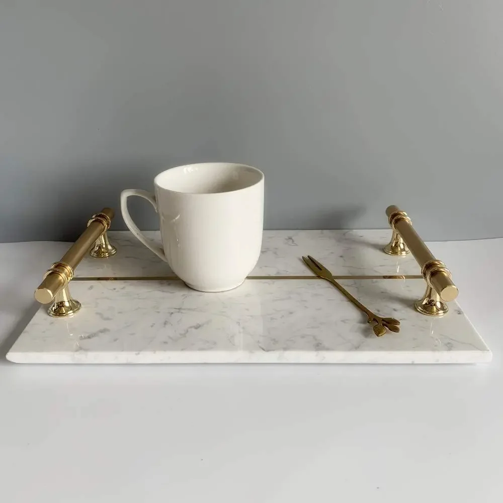 Natural Light Luxury Marble Tray, Bathroom Vanity Tray, Cosmetics Jewellery Perfume Tray with Metal Handles