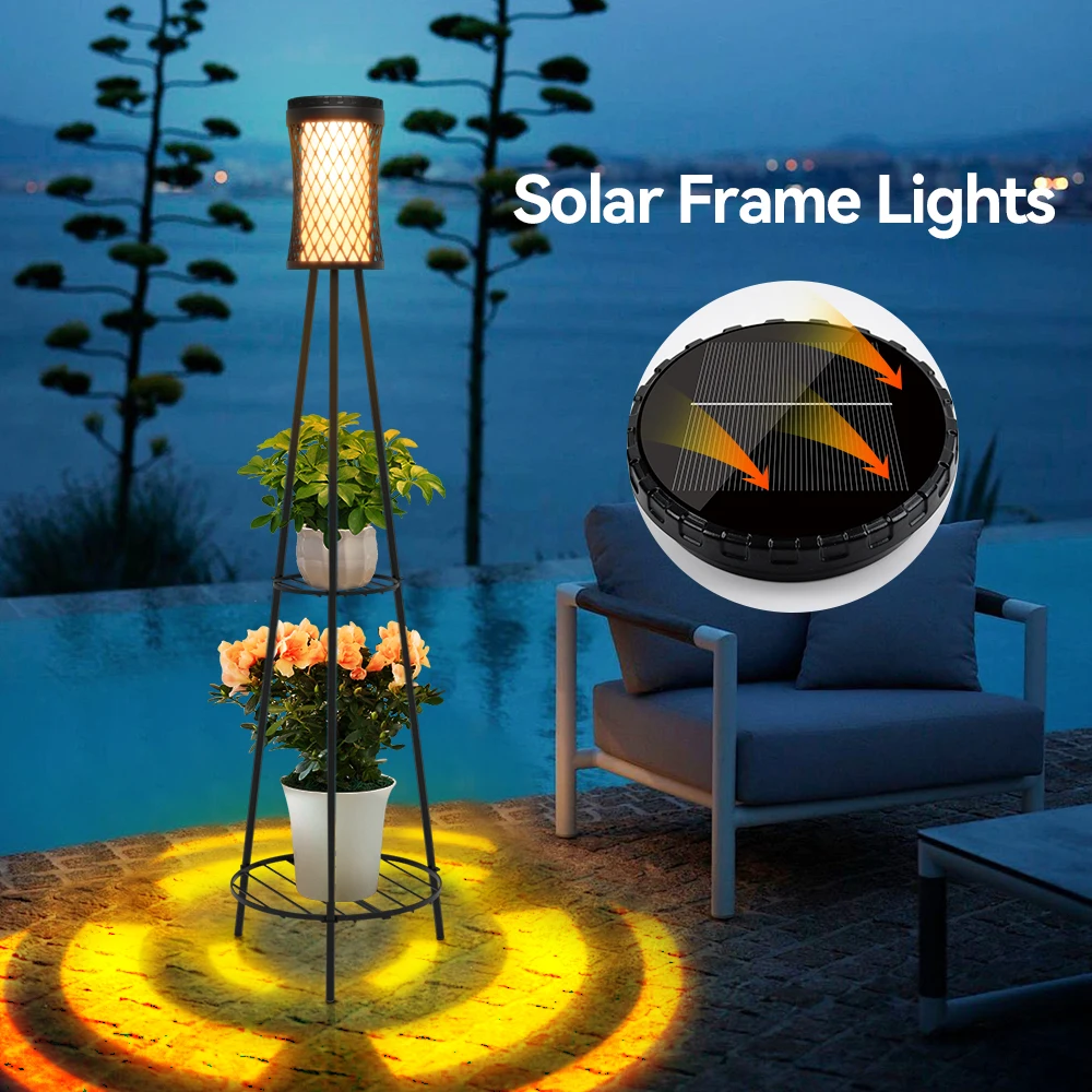 Solar Power Floor Lamp Double Layer Plant Stand Light Outdoor Waterproof LED Dimmable Lamp For Indoor Garden Atmosphere Lighting