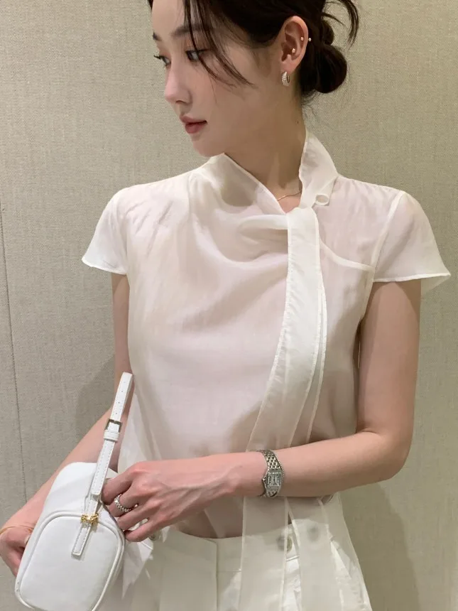 Csa e doce de manga curta para mulheres com faixa e nó borboleta estilo casual solto ajuste cor pura verão