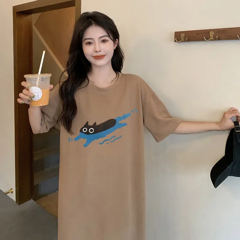 

Retro Cartoon Cat Print Female Korean Style Fashionable Oversized Loose Short Sleeve Round Neck Large Size Dress
