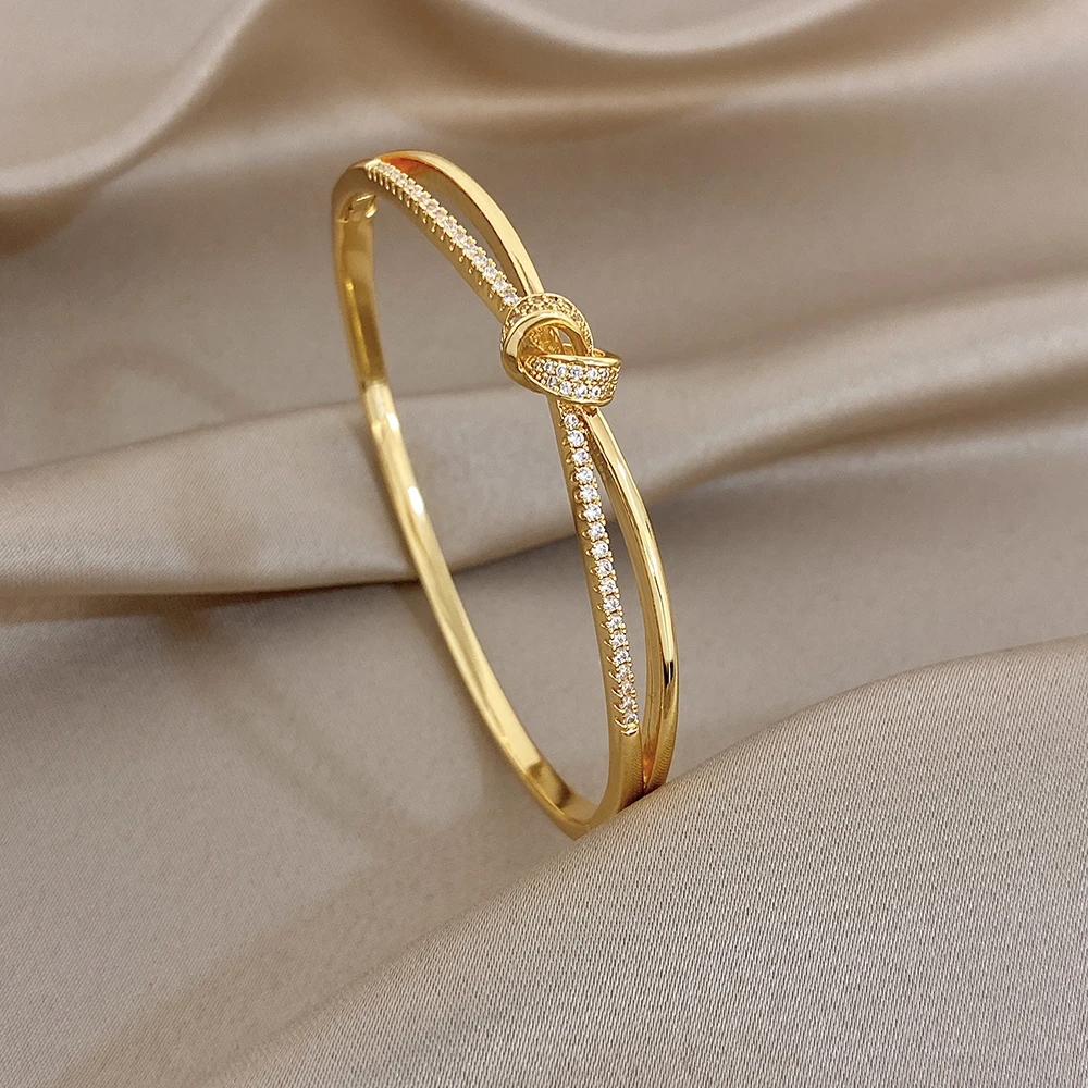 Irregular Geometric Knot Zirconia Cuff Bangle for Women Elegant Gold Plated Copper Smooth Bracelets Party Jewelry
