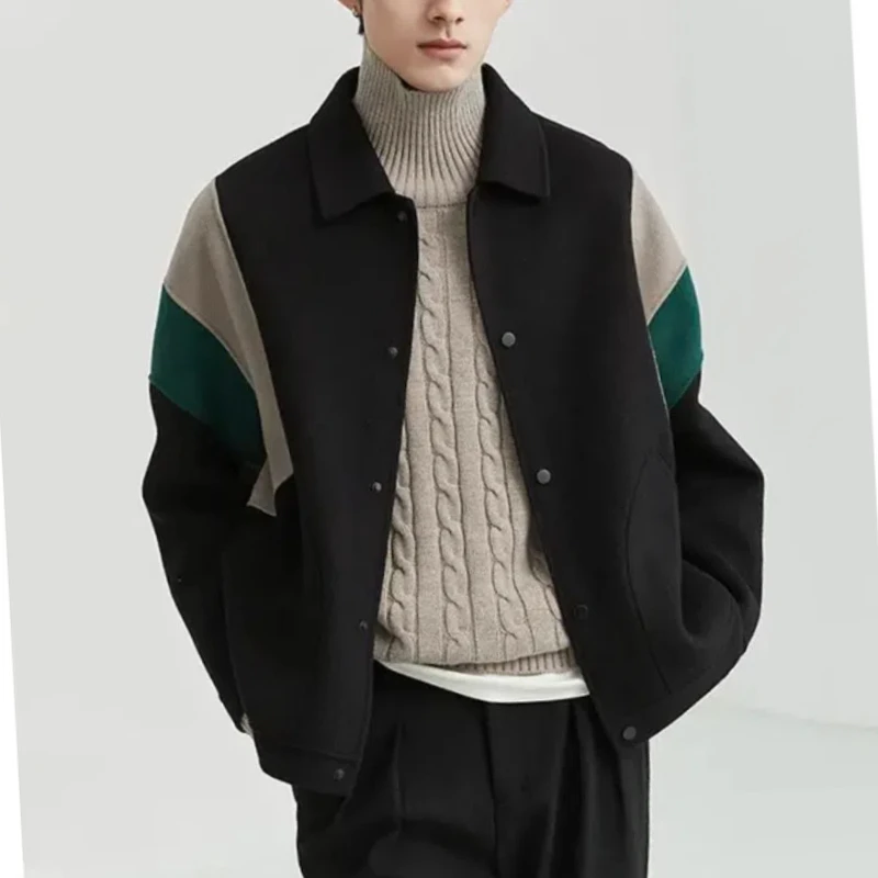 

Autumn Winter New Fashion Stand Collar Long Sleeve Contrast Color Jackets Men's Clothing Loose Casual Youth Korean Button Tops