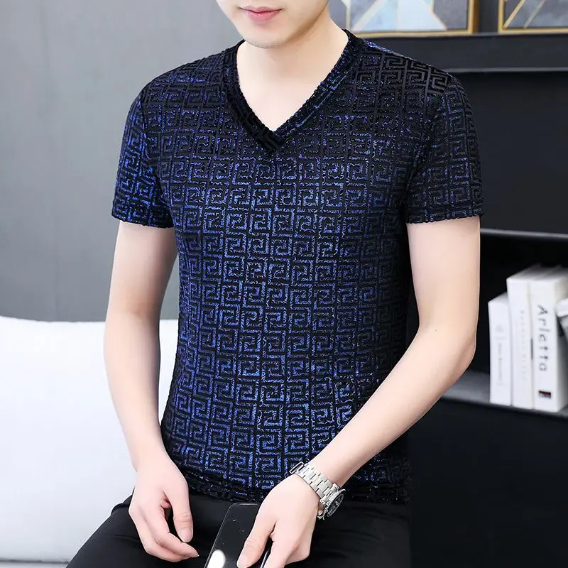 Summer Hollow Breathable T Shirt For Men Quality Short Sleeved Korean Style Casual Slim Velvet Elastic Luxury Camiseta masculina