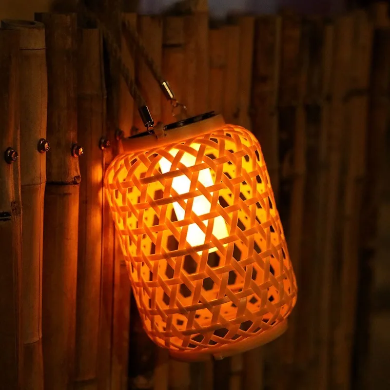 LED Solar Powered Bamboo Weaving Lantern Outdoor Courtyard Balcony Garden Decorative Atmosphere Lighting Fixtures