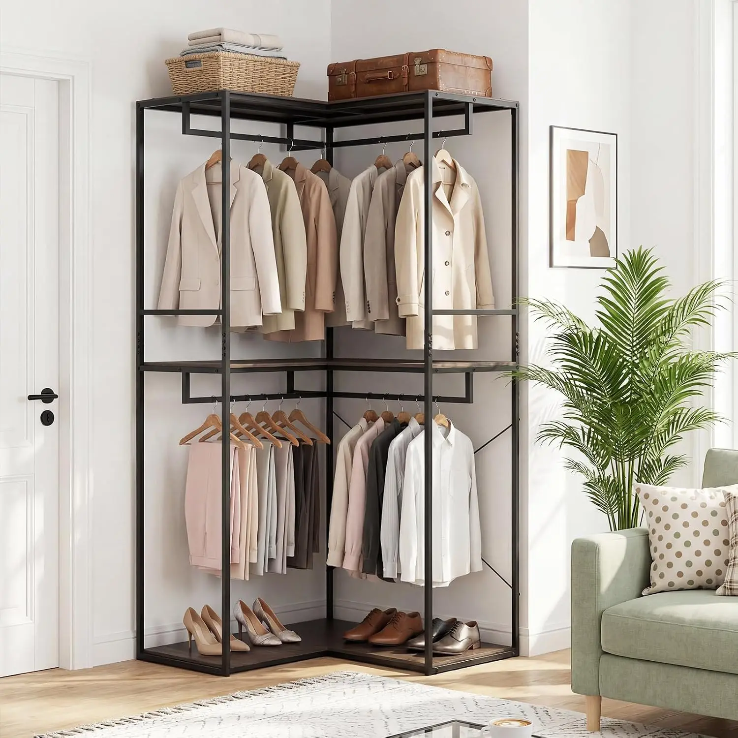 Heavy Duty Clothes Rack, 3-Tier L-Shaped Garment Rack w/3 Open Shelves & 2 Hanging Racks, Anti-Tippling Devices, Customized