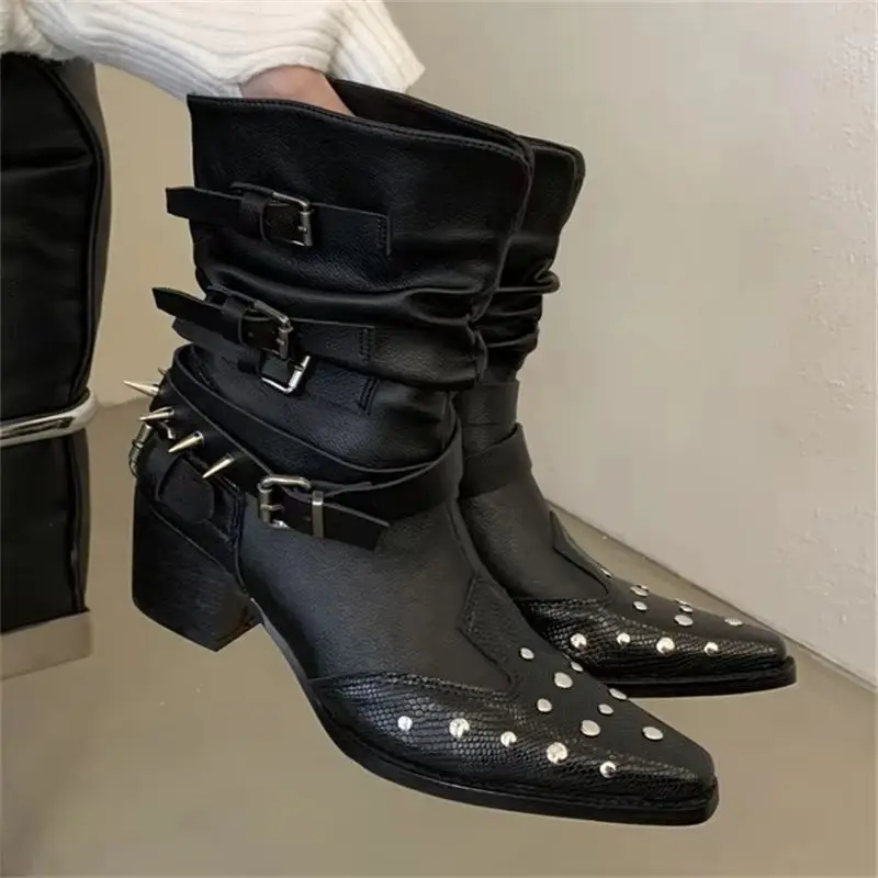 Eilyken Designer Rivet Buckle Strap Women Ankle Boots Pointed Toe Thick Low Heels Shoes Fashion Punk Style Short Botas De Mujer