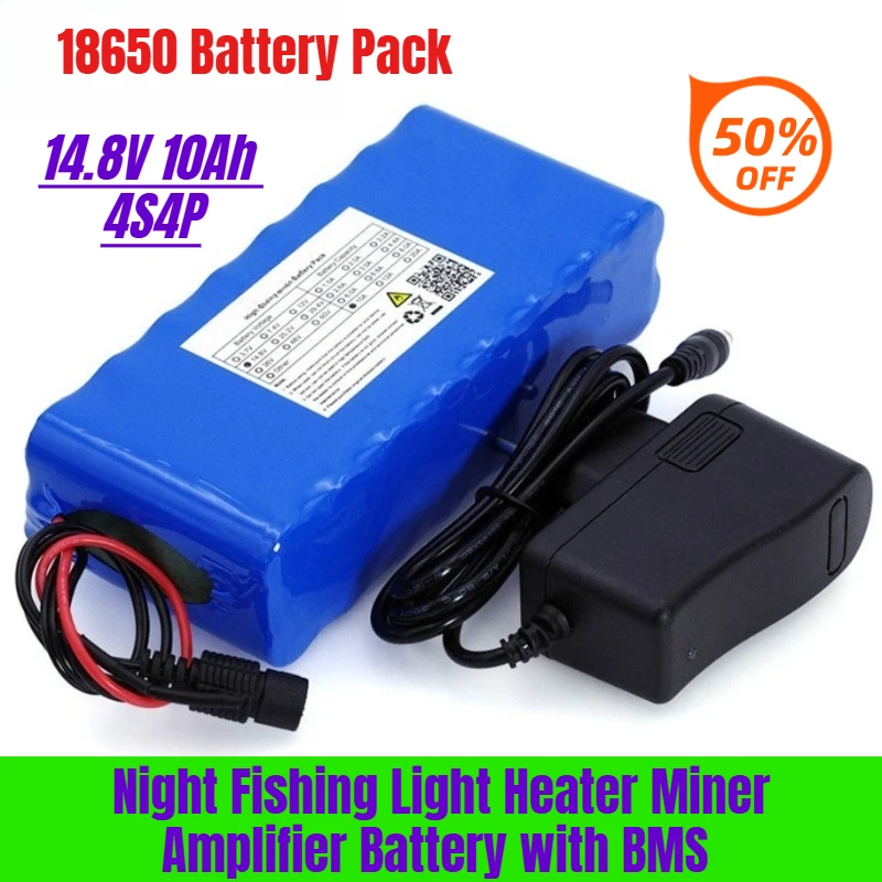 

14.8V 10Ah 4S4P 18650 Battery Pack Night Fishing Light Heater Miner Amplifier Battery with BMS