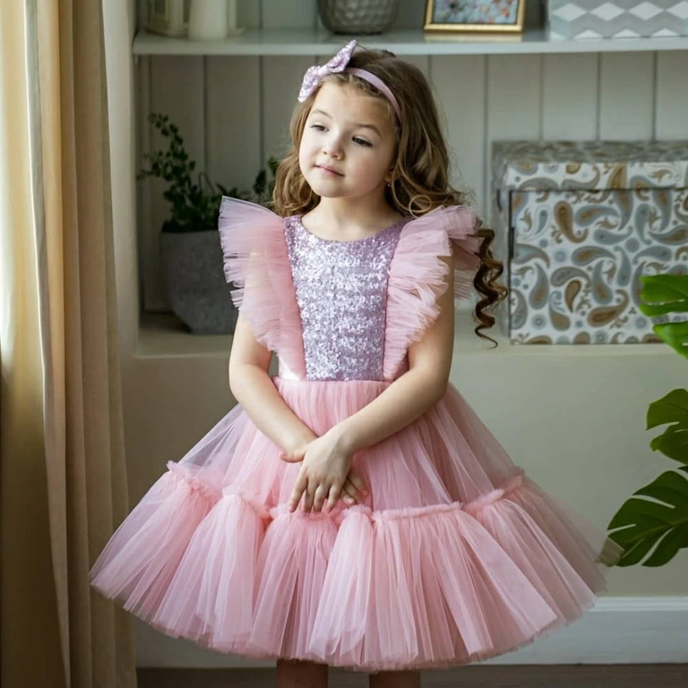 

Cute Pink Mini Flowers Girls Dresses A-line Kids Birthday Party Dress Sequin Short Dance Wear robe princesse fille