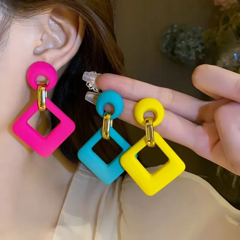 Fresh Color Dangle Earrings Geometric Square Round Drop Earrings Spring Summer Women\'s Earrings Daily Clothing Ear Accessories