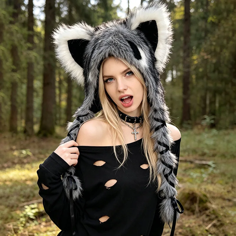 Adult Furry Fursuit Raccoon Gray Wolf Ears Plush Hat with Long Braids Fluffy Winter Warm Halloween Cosplay Costume Accessory