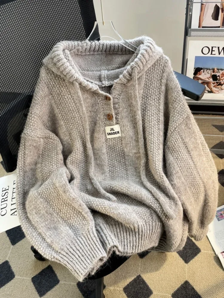 Pullover Thread Top Fashionable Versatile Hooded Sweater Women Autumn Winter Loose Lazy Style Sticky Drawstring Knit Sweater