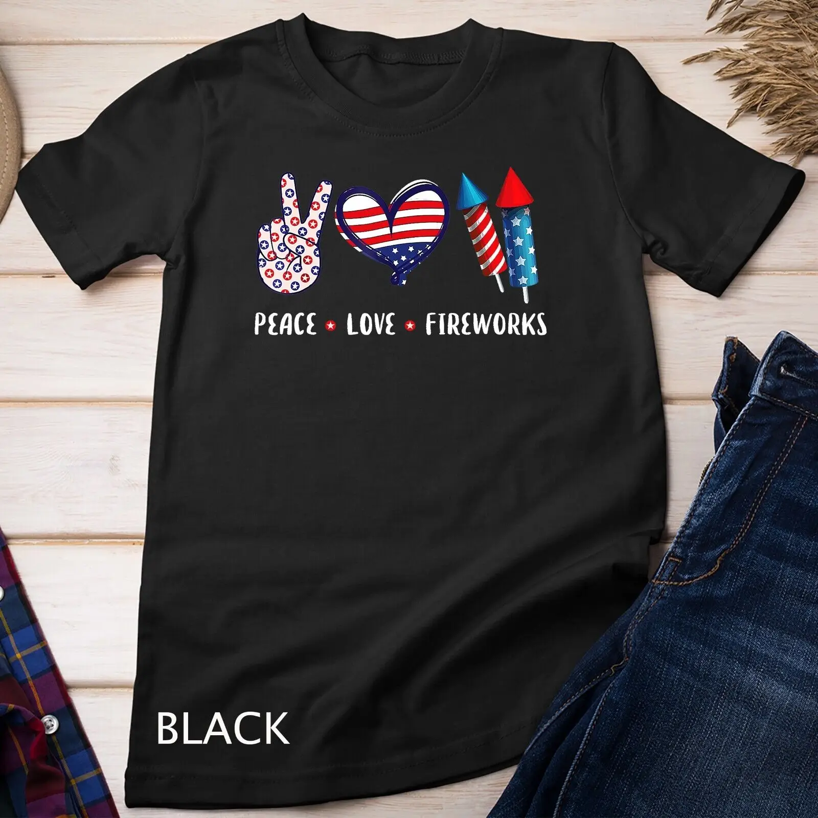 

PEACE LOVE FIREWORKS Shirt 4th of July Celebration Gift Unisex T-shirt