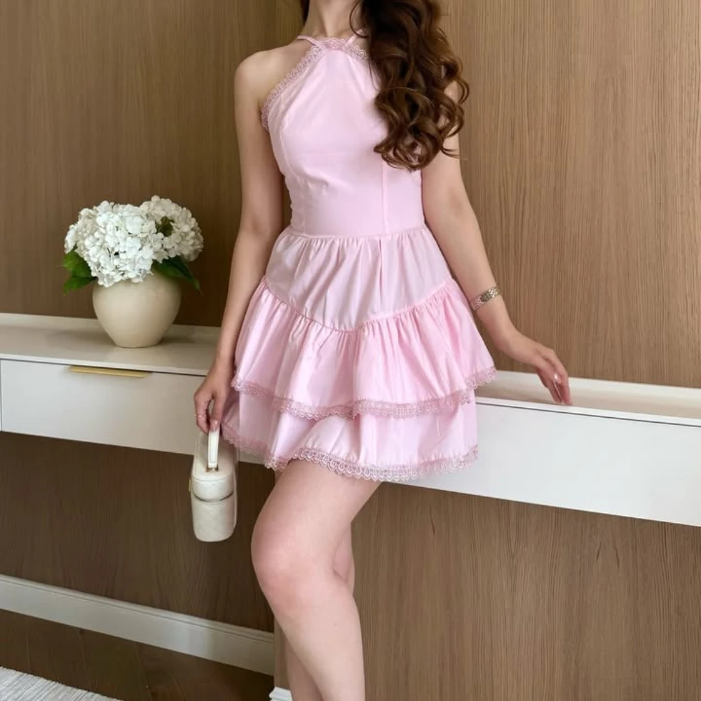 

Simple Pink Sweetheart Spaghetti Strap Tiered A-line Mini Prom Gowns Customized Women Party Dresse Back Zipper Graduation Dress