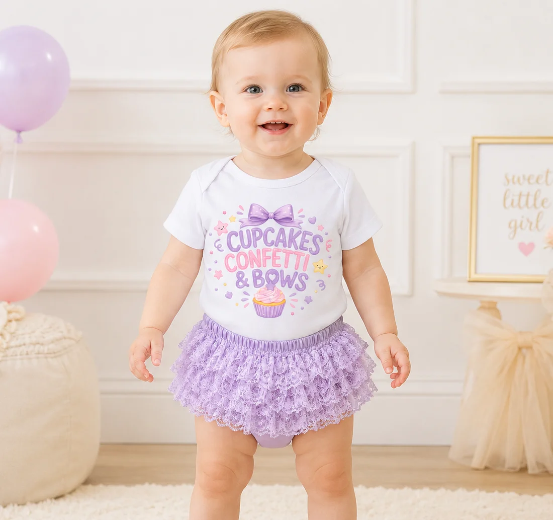 Toddler Baby Girl Outfit Cupcakes Confetti & Bows Print Short Sleeve Bodysuit Purple Lace Tutu Shorts 2Pcs Set Infant Birthday P