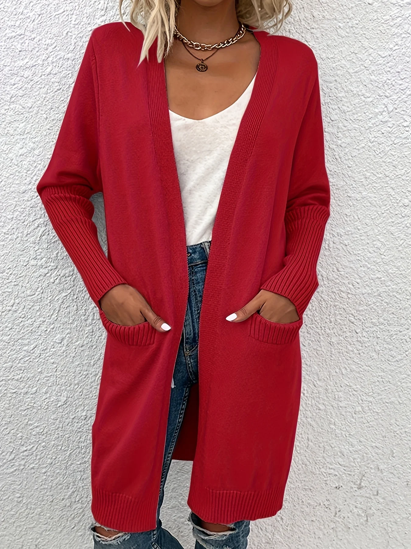 

Y2K Comfortable Long sleeved Sweater Cardigan - Solid Color, Soft Knitted, Open Front, Medium Length, Casual Style with Pockets