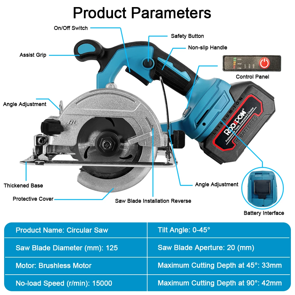 5 بوصة منشار دائري كهربائي بدون فرش 125 مللي متر منشار قطع النجارة اللاسلكي منشار متعدد الوظائف لدبوس بطارية ماكيتا (بدون بطارية)