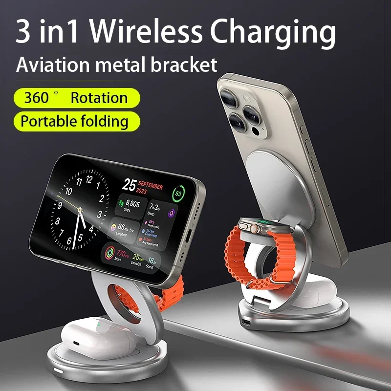 3 In 1 Charging Station For Apple,Travel Charger for Multiple Devices  Foldable Magnetic Charger for iPhone Apple Watch AirPods