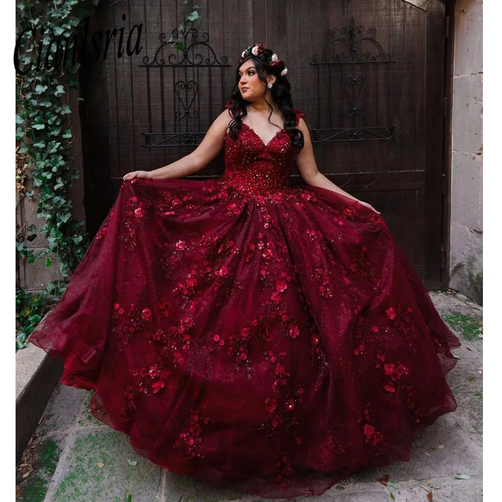 Burgundy Quinceanera Dresses Corset Ball Gown Beaded 3D Flowers Formal Prom Graduation Gowns Lace Up Princess Sweet 15 16