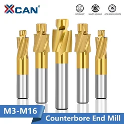 XCAN เครื่องตัด M3-M16 Counterbore End Mill ดีบุกเคลือบ 4 ขลุ่ย Pilot Slotting CUTTER Router บิต HSS Milling TOOL