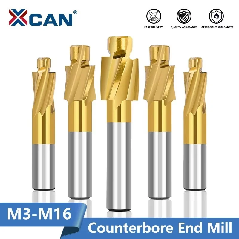 XCAN Milling Cutter M3-M16 Counterbore End Mill TiN Coated 4 Flute Pilot Slotting Cutter Router Bit HSS Milling Tool