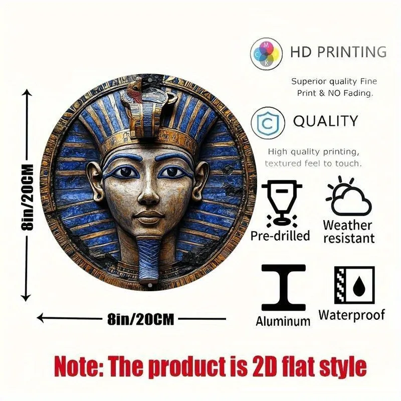 2D Flat Print, Round Metal Aluminum Sign, Ancient Egyptian Pharaoh Design, Artistic Wall Decor for Home, Office, Holiday Gift