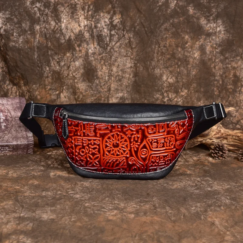 

New leather crossbody bag, retro chest bag, carved men's waist bag, single shoulder crossbody bag, men's bag