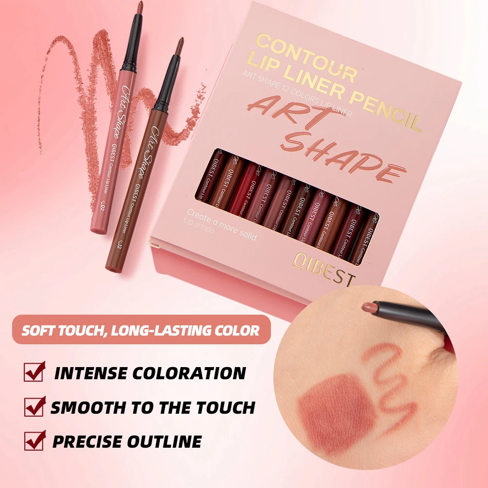 Conjunto de canetas delineadoras labiais QIBEST, 12 peças, de longa duração, à prova d'água, à prova de suor, fácil coloração, não desbota, renderização de cores, cosméticos
