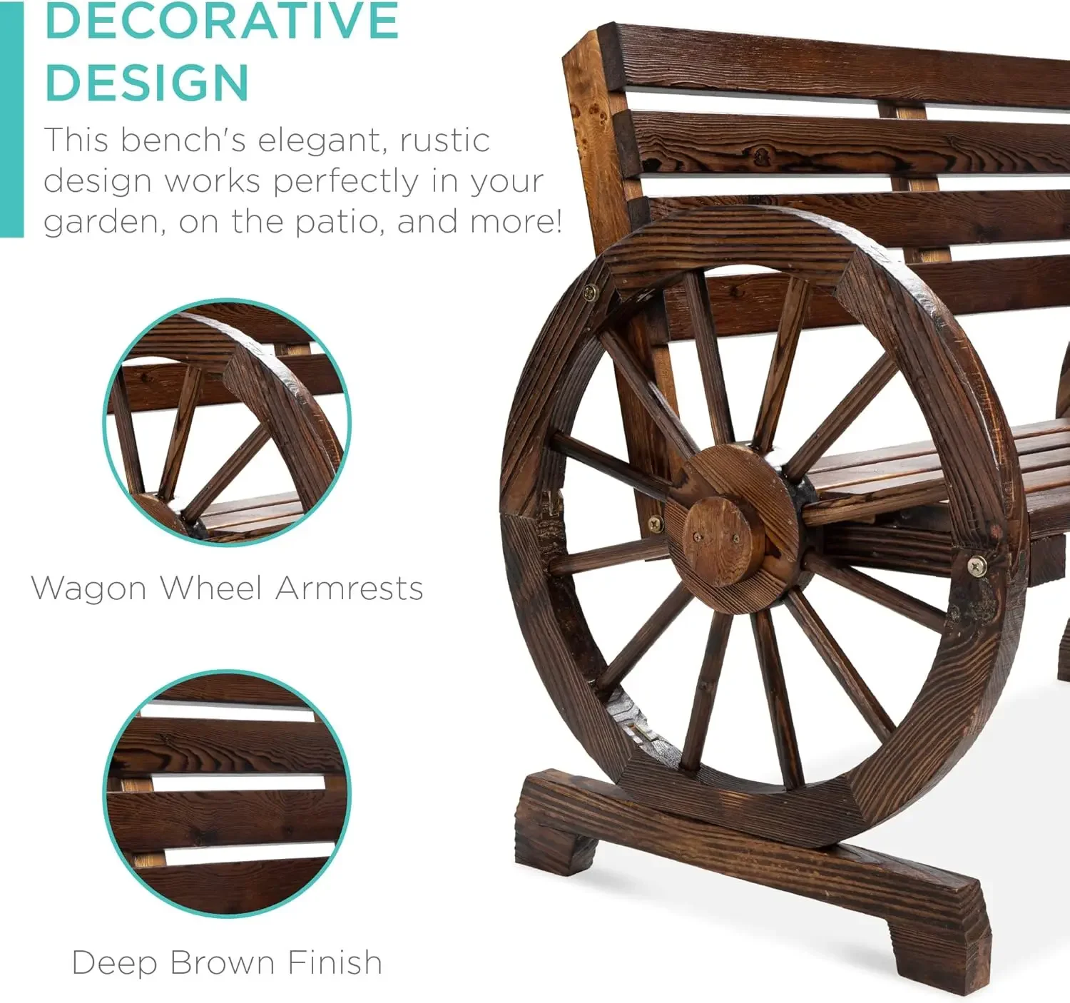 

2-Person Wooden Wagon Wheel Bench for Backyard, Patio, Porch, Garden, Outdoor Lounge Furniture w/Rustic Country Design