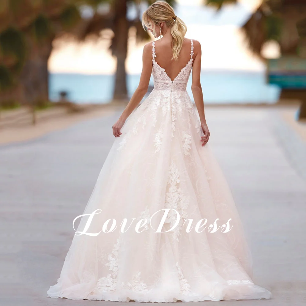 LoveDress-Vestido De Novia De princesa con cuello en V, Vestido De Novia sin mangas, tirantes finos, apliques De encaje, espalda descubierta