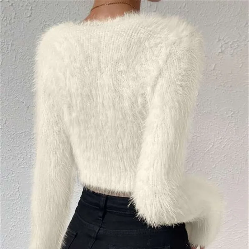 Women's Sexy V Neck Long Sleeve Slim Sweater Korean Style Solid Color Cropped Top Fall/Spring Casual Knitted Pullover