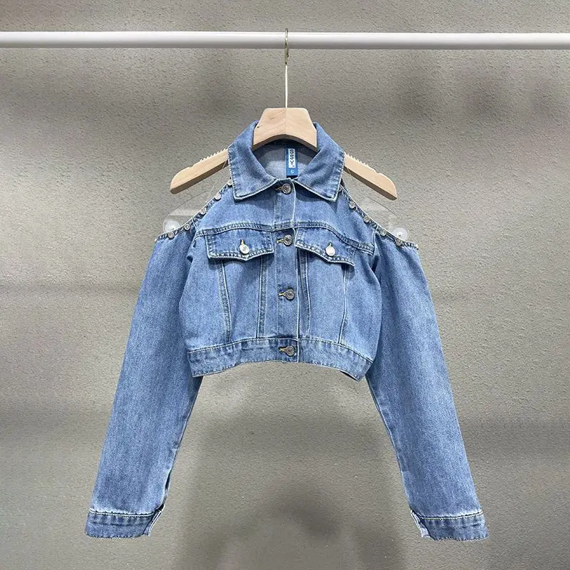 Vintage Light Blue Blue Slim Short Denim Jacket Chic Diamonds Off-the-shoulder Lapel Long Sleeve Jeans Jacket Female Streetwear