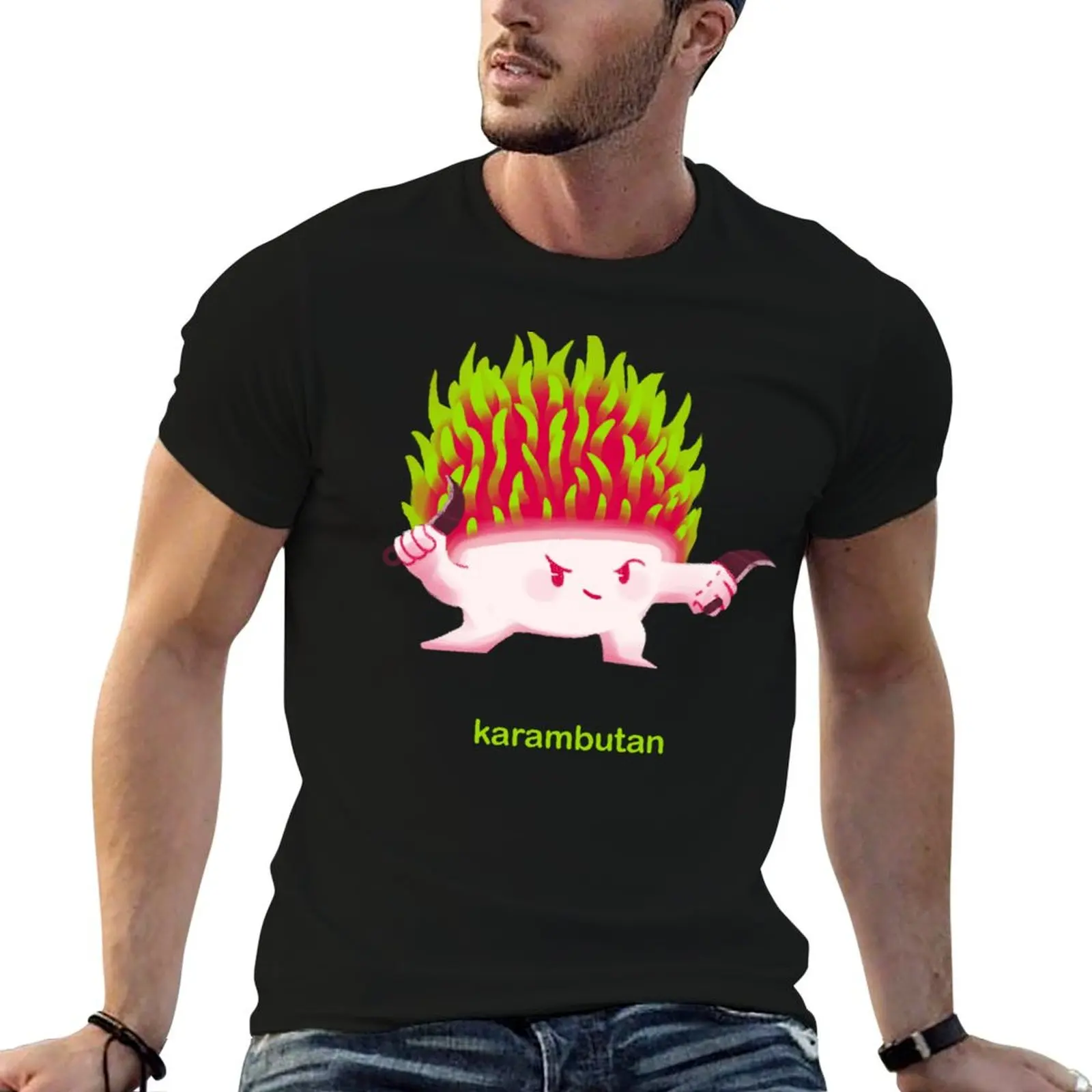 Camiseta de diseño de Mari the Rambutan (con centro verde) para hombre, camisetas divertidas 100% algodón, camiseta para hombre