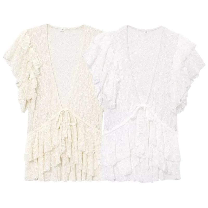 Spring 2025 Women's Faion  Knot Lace V-ne ort Sve Jaet Versatile Outerwear Ele Sle New Arrival