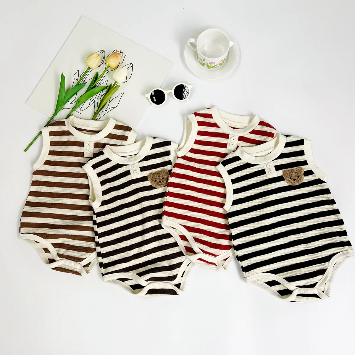 

New 2024 Summer Sleeveless Knit Bodysuits Infant Baby Girls Boys One-pieces Kids Newborn Clothes- Ideal for Outdoor Activities