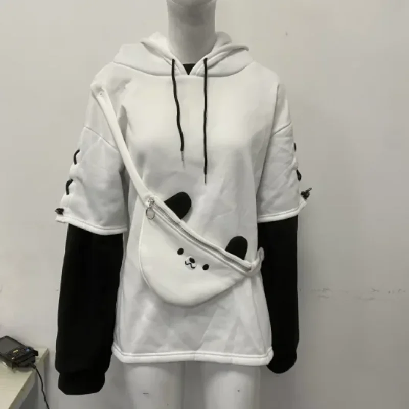 

Модная осенне-зимняя толстовка с цветными блоками, японский рюкзак Y2K с милым медведем в стиле Харадзюку, свободная повседневная уличная женская одежда