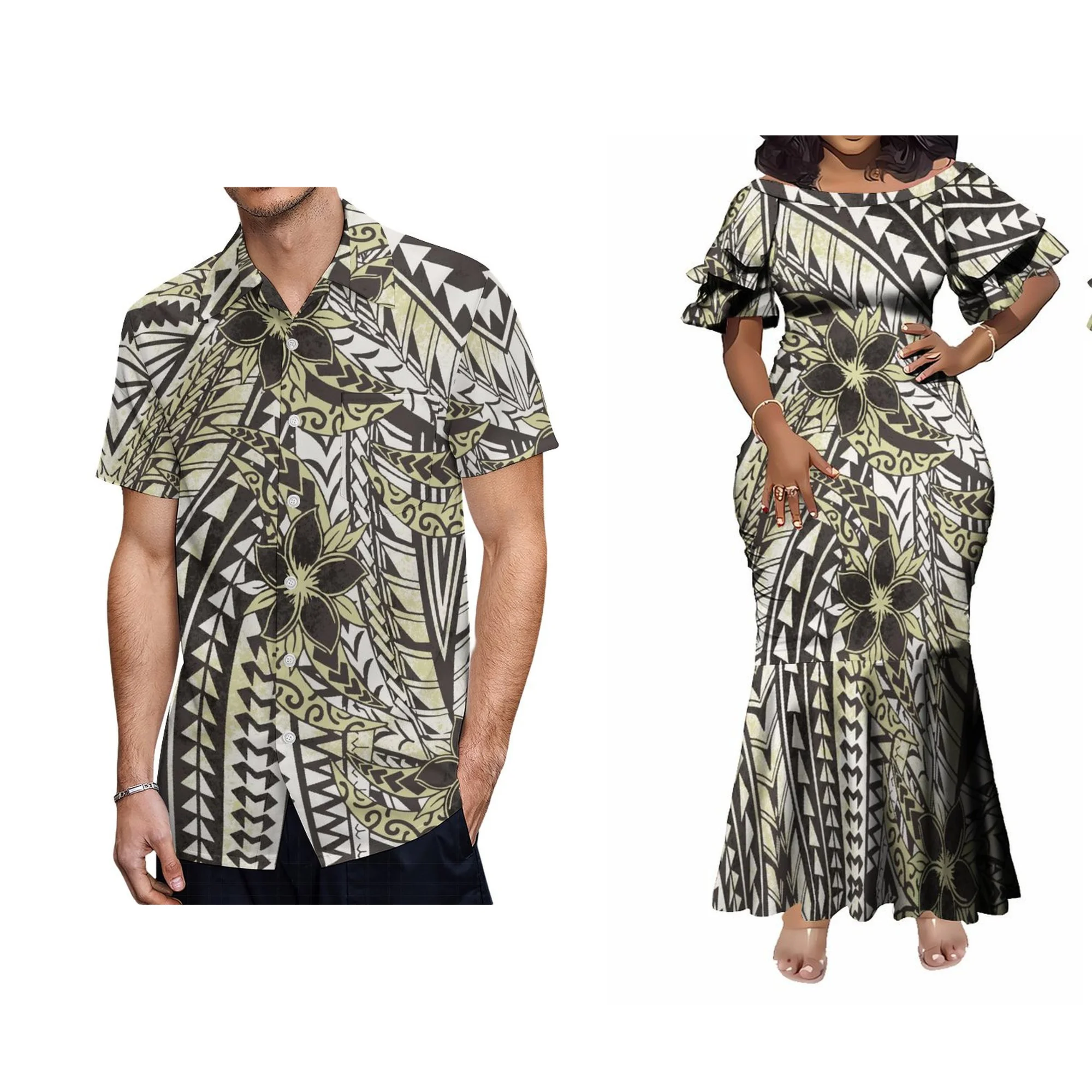 Nova fábrica atacado personalizado havaí impressão senhoras vestido tripulação pescoço dupla camada plissado manga sereia vestido