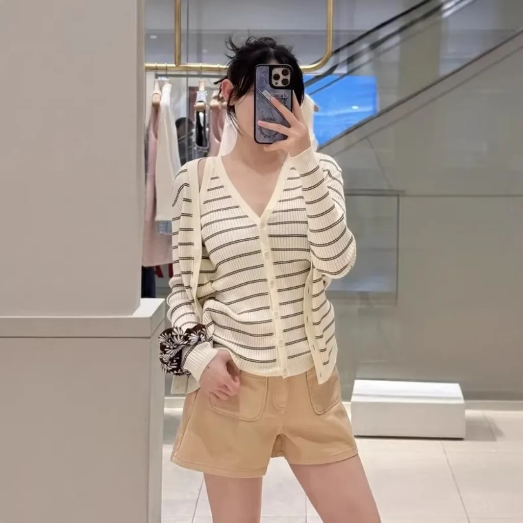 

Spring 2026 Women Stripes Knit Cardigan Fake Two-Piece V-Neck Slim Fit Long Sleeve Single Breasted Female Sweater Top